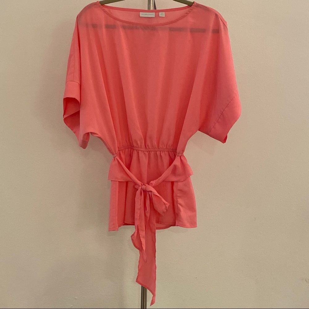 NY&C Pink Cinch Tie Waist SS Silk Blouse EUC